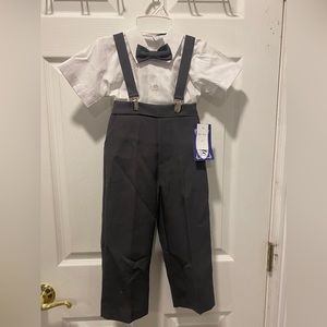 Toddler boy formal outfit with bow tie, suspenders & classic flat hat